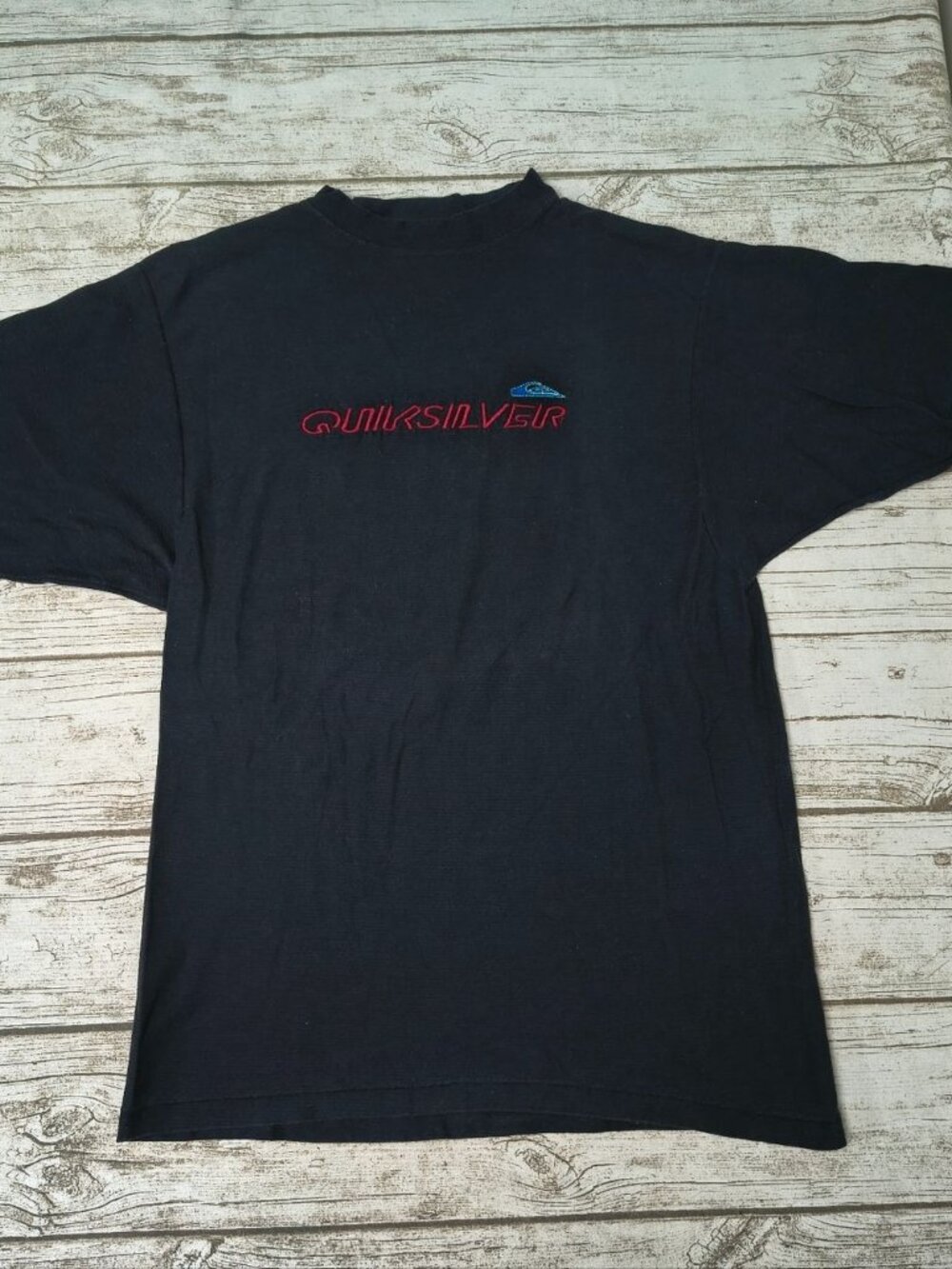 Vintage Quicksilver Made In USA Black Embroidered T Shirt Size Medium